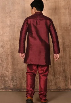 Embroidered Dupion Silk Kurta Set in Maroon