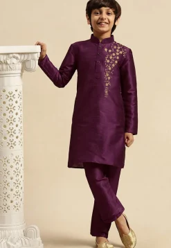 Embroidered Dupion Silk Kurta Set in Dark Purple