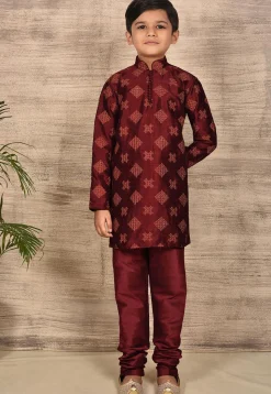 Embroidered Dupion Silk Kurta Set in Maroon