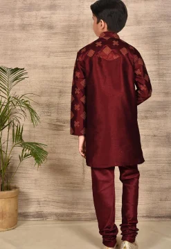 Embroidered Dupion Silk Kurta Set in Maroon