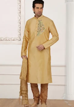 Embroidered Dupion Silk Kurta Set in Light Beige
