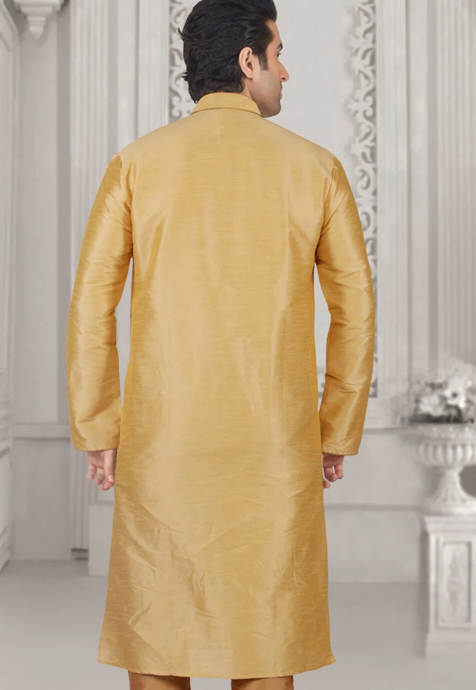 Embroidered Dupion Silk Kurta Set in Light Beige