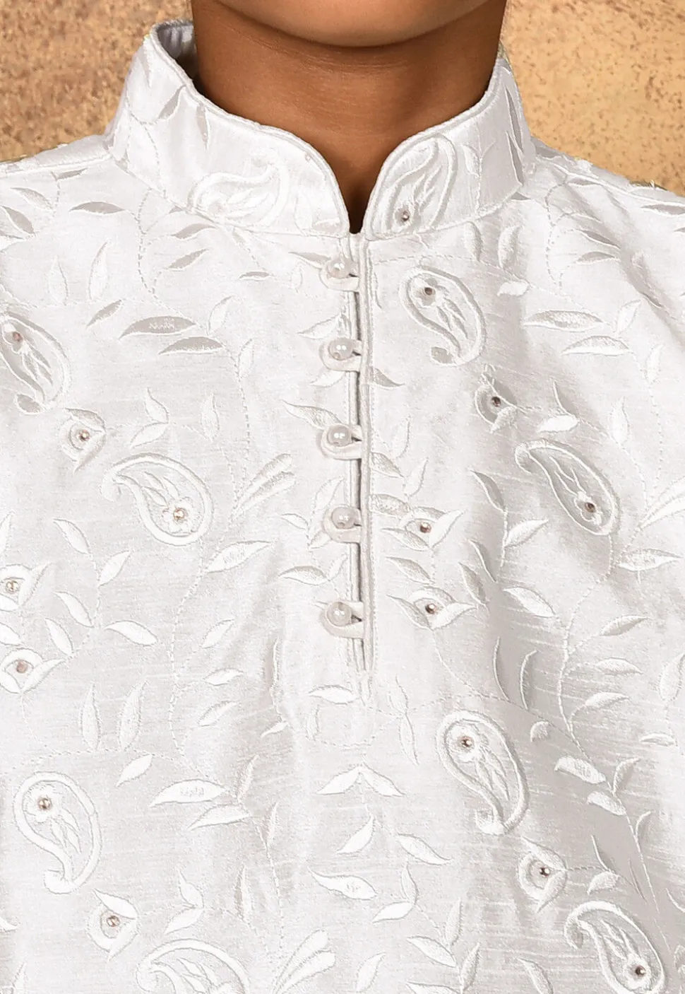 Embroidered Dupion Silk Kurta Set in White