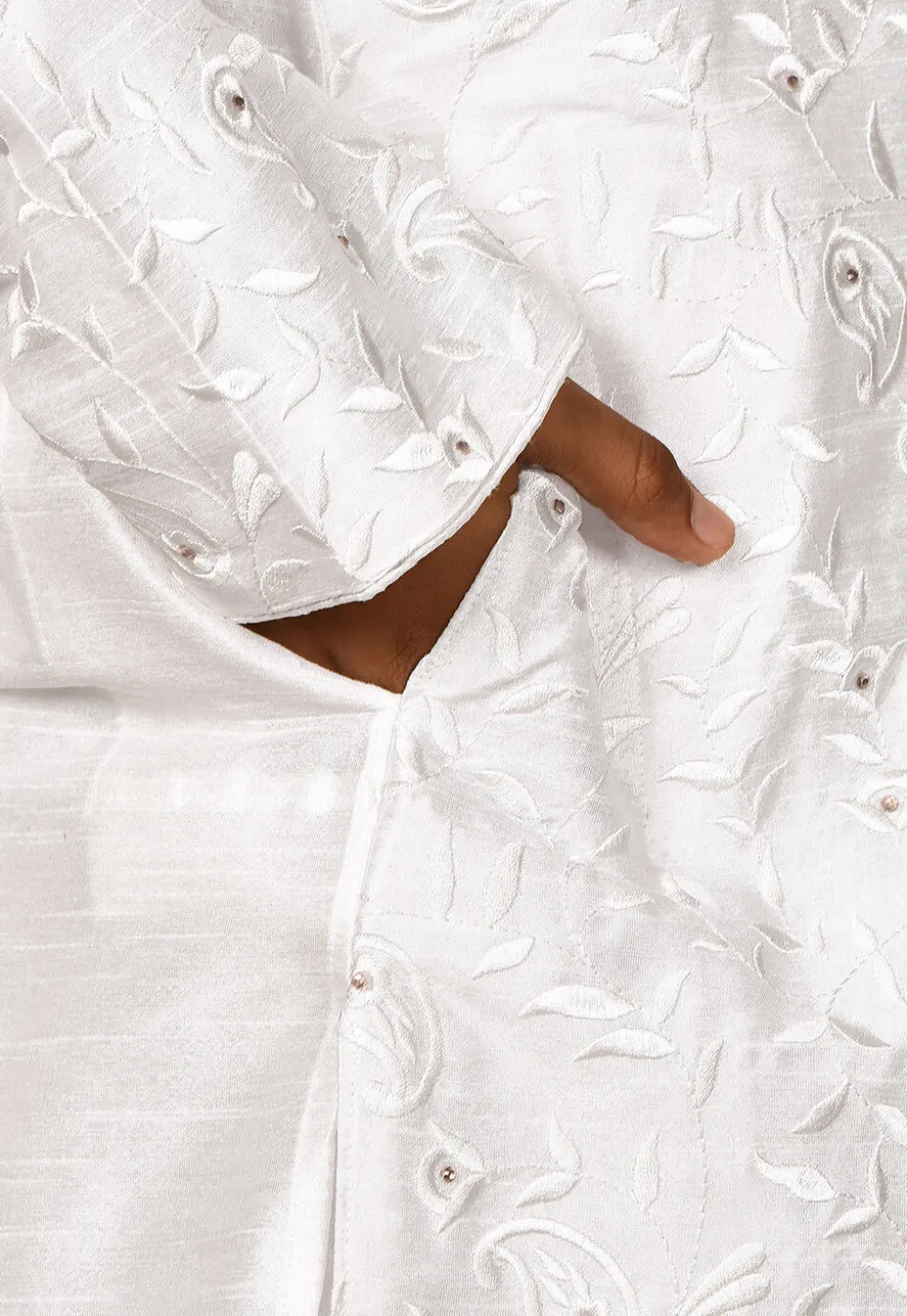 Embroidered Dupion Silk Kurta Set in White