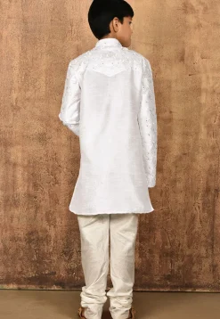 Embroidered Dupion Silk Kurta Set in White