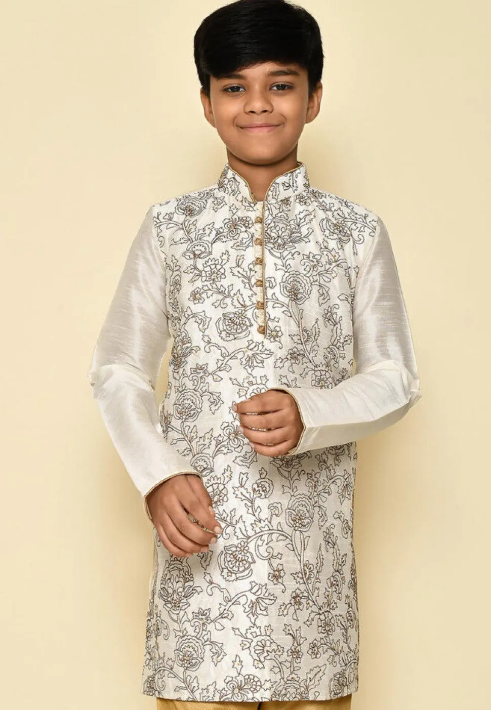 Embroidered Dupion Silk Kurta in Cream