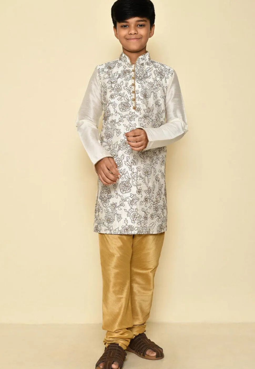 Embroidered Dupion Silk Kurta in Cream
