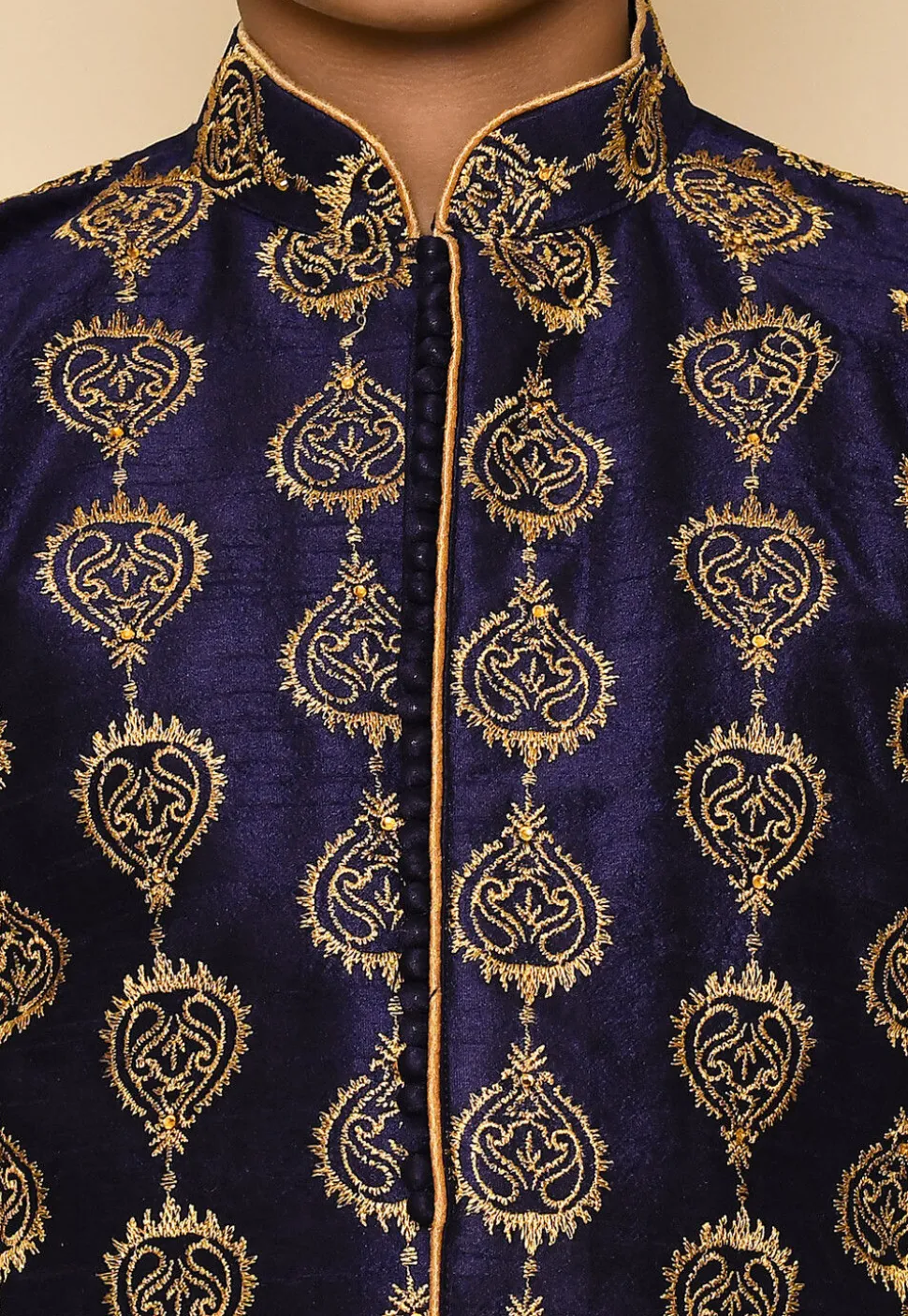 Embroidered Dupion Silk Kurta in Navy Blue