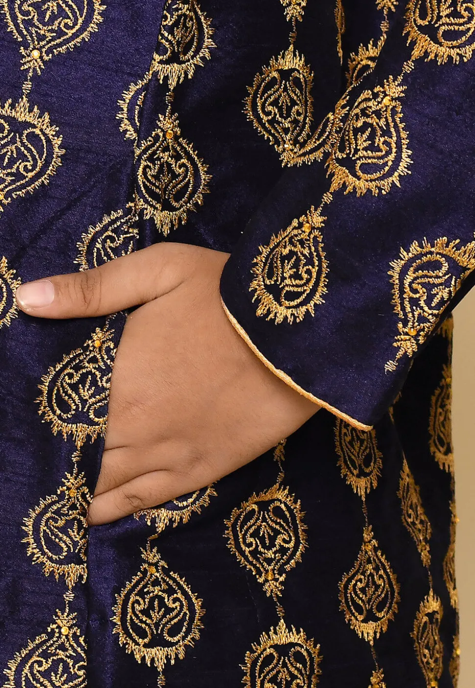 Embroidered Dupion Silk Kurta in Navy Blue