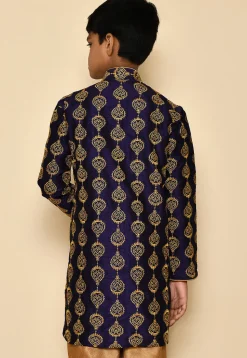 Embroidered Dupion Silk Kurta in Navy Blue