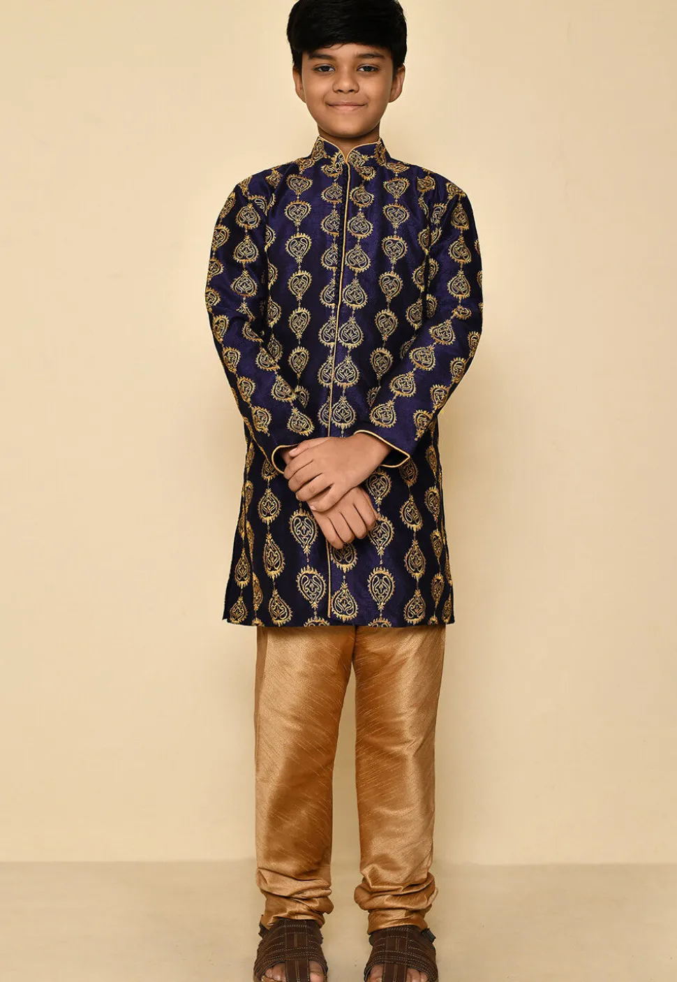 Embroidered Dupion Silk Kurta in Navy Blue
