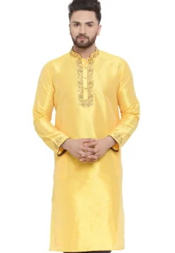 Embroidered Dupion Silk Kurta in Yellow