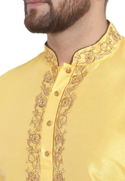 Embroidered Dupion Silk Kurta in Yellow