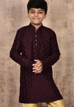 Embroidered Dupion Silk Kurta in Wine