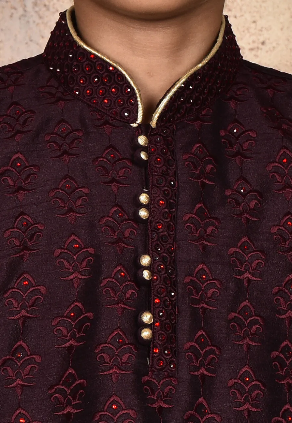 Embroidered Dupion Silk Kurta in Wine
