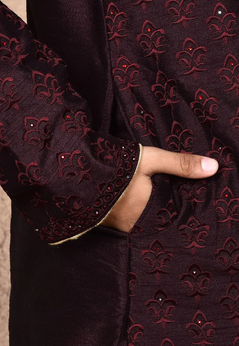 Embroidered Dupion Silk Kurta in Wine