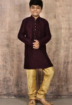 Embroidered Dupion Silk Kurta in Wine