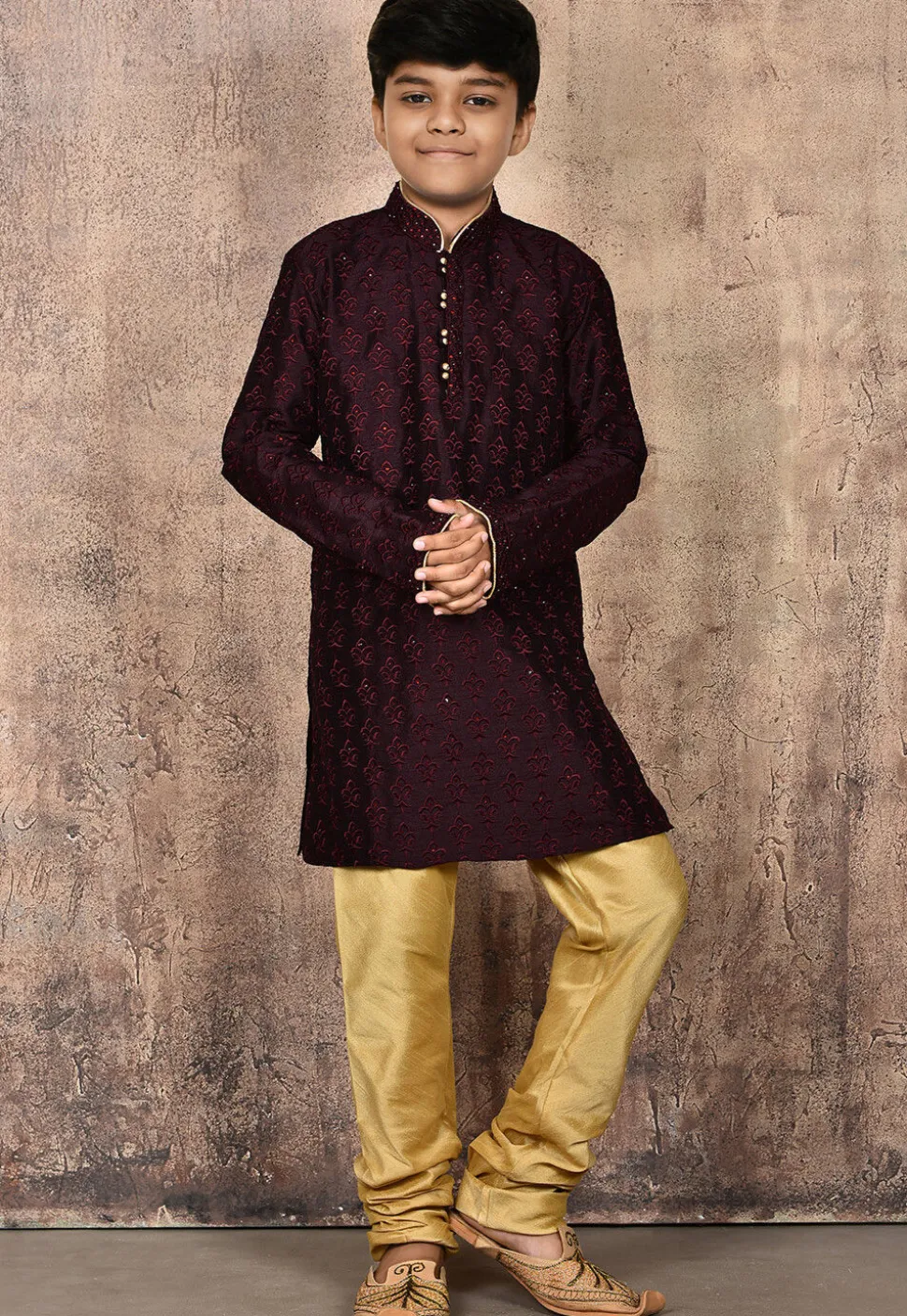 Embroidered Dupion Silk Kurta in Wine