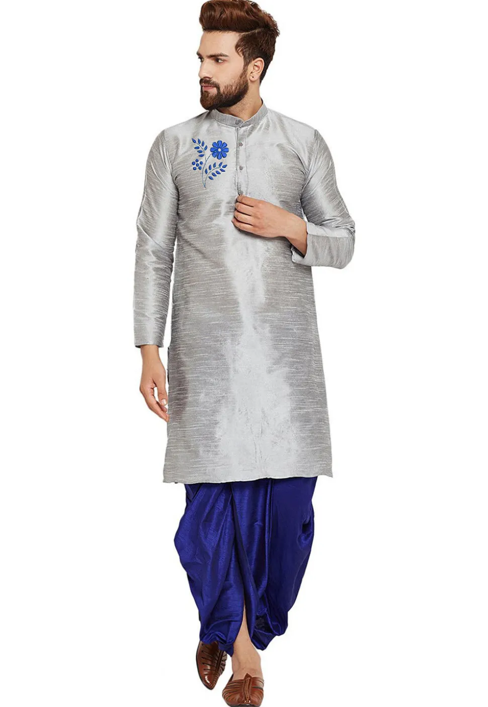 Embroidered Dupion Silk Kurta Set in Light Grey