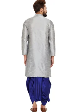 Embroidered Dupion Silk Kurta Set in Light Grey