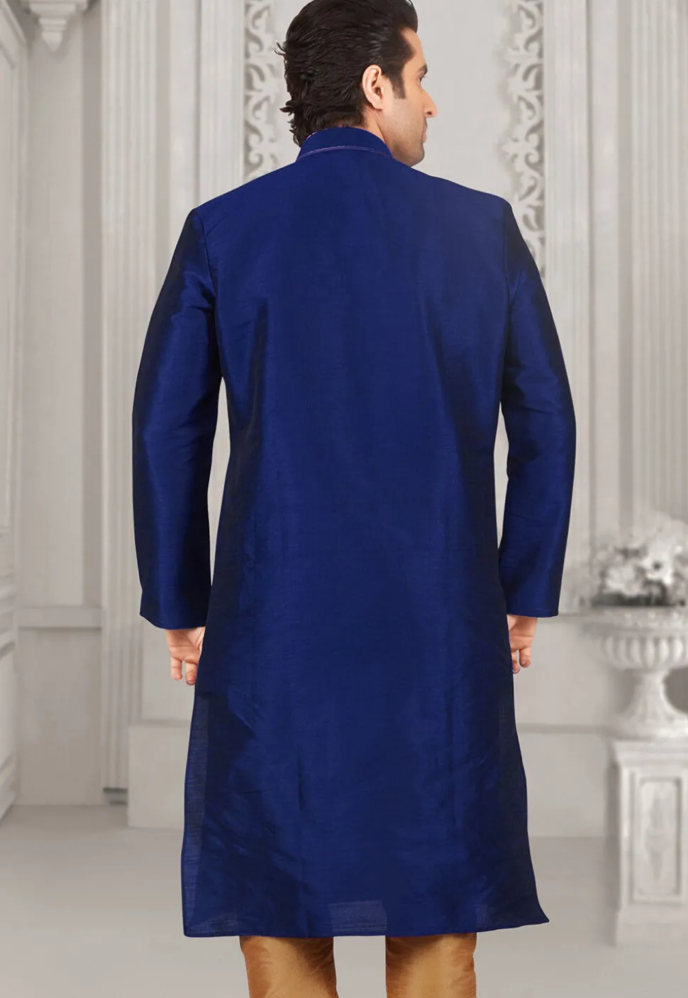 Embroidered Dupion Silk Kurta Set in Royal Blue
