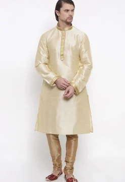 Embroidered Dupion Silk Kurta Set in Light Beige