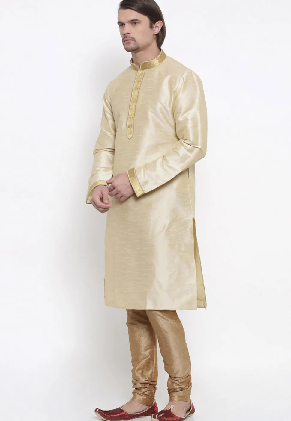 Embroidered Dupion Silk Kurta Set in Light Beige