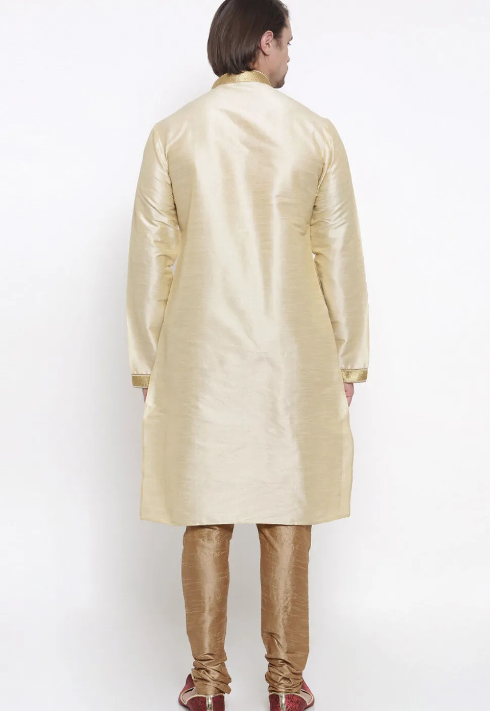 Embroidered Dupion Silk Kurta Set in Light Beige