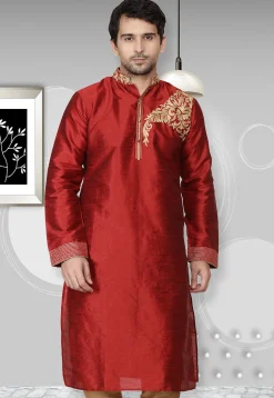 Embroidered Dupion Silk Kurta in Maroon
