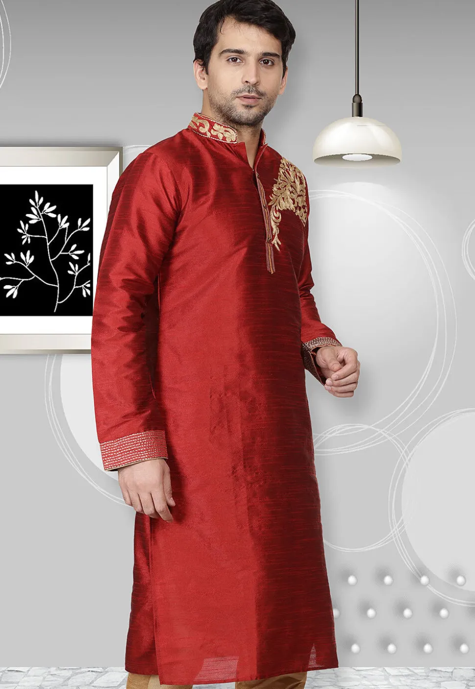Embroidered Dupion Silk Kurta in Maroon