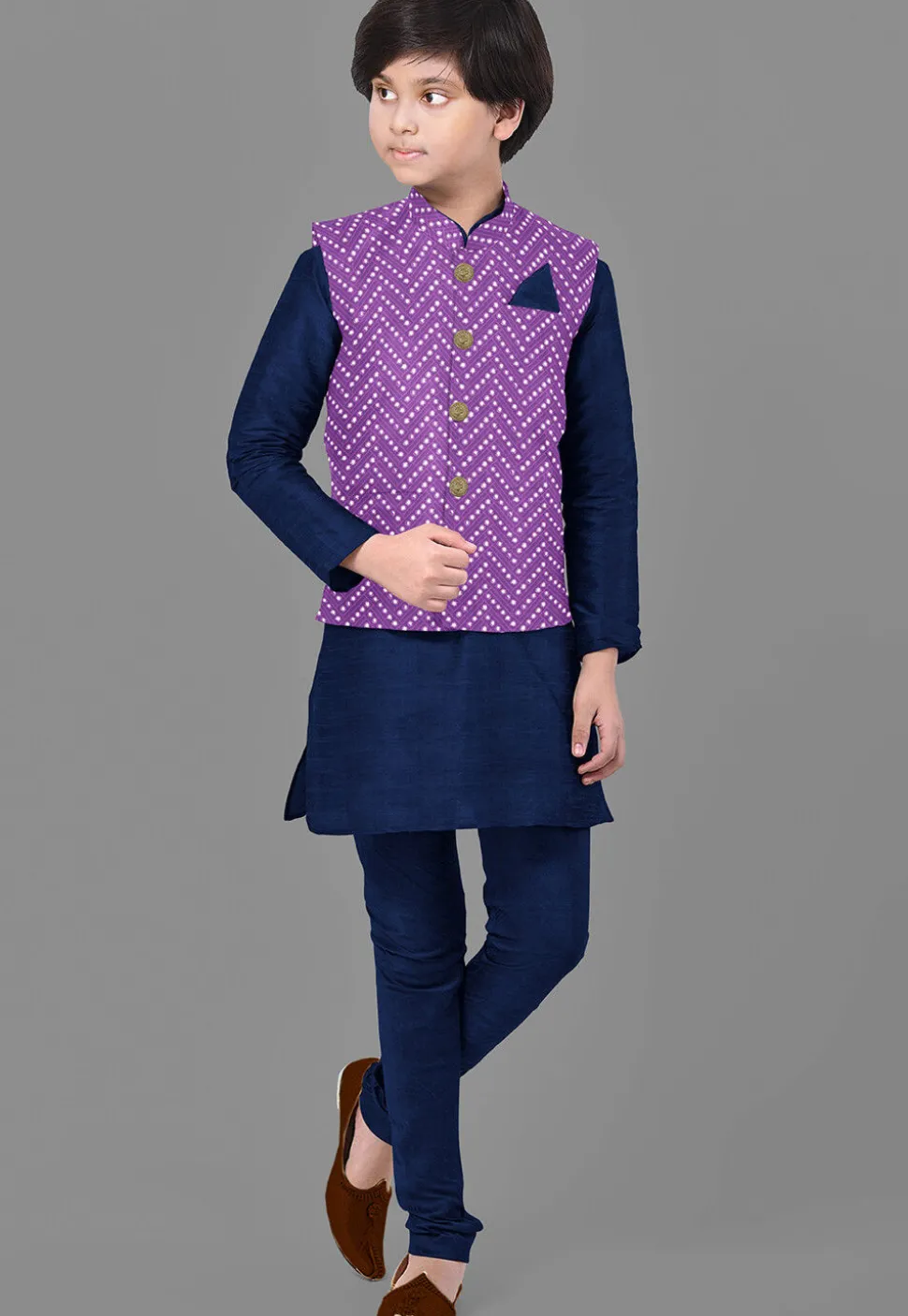 Embroidered Dupion Silk Kurta Set in Navy Blue