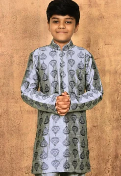 Embroidered Dupion Silk Kurta in Grey
