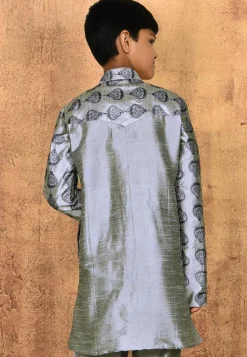 Embroidered Dupion Silk Kurta in Grey