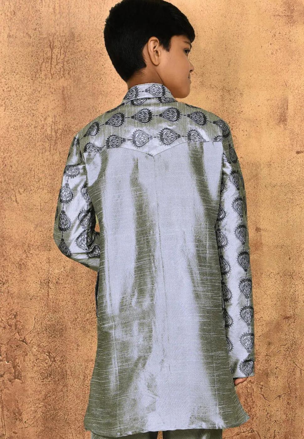 Embroidered Dupion Silk Kurta in Grey