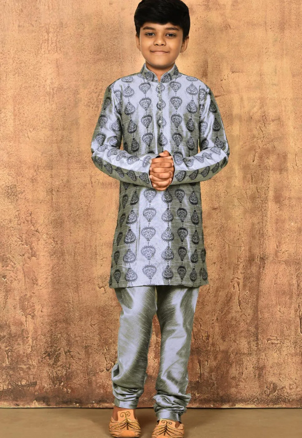 Embroidered Dupion Silk Kurta in Grey