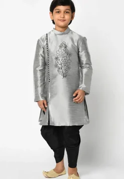 Embroidered Dupion Silk Kurta Set in Grey