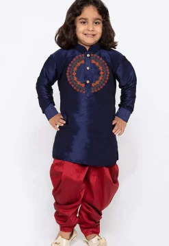 Embroidered Dupion Silk Kurta Set in Navy Blue