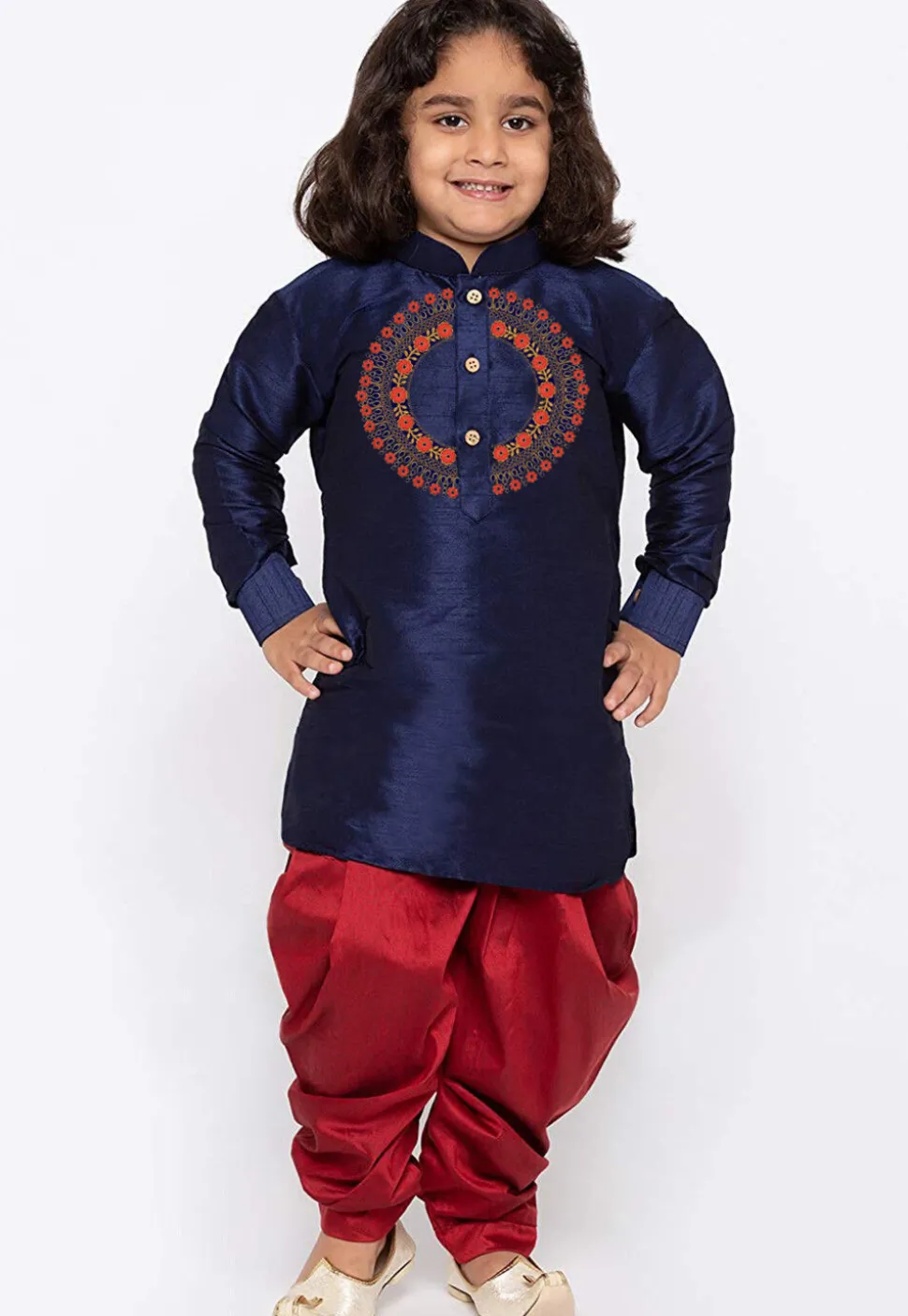 Embroidered Dupion Silk Kurta Set in Navy Blue