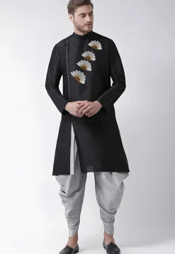 Embroidered Dupion Silk Kurta Set in Black