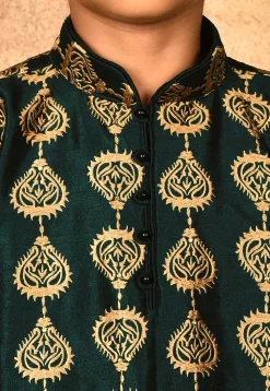 Embroidered Dupion Silk Kurta in Dark Green