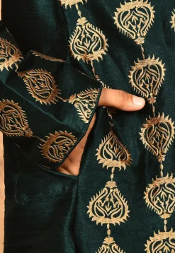 Embroidered Dupion Silk Kurta in Dark Green