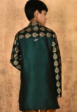 Embroidered Dupion Silk Kurta in Dark Green