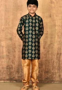 Embroidered Dupion Silk Kurta in Dark Green