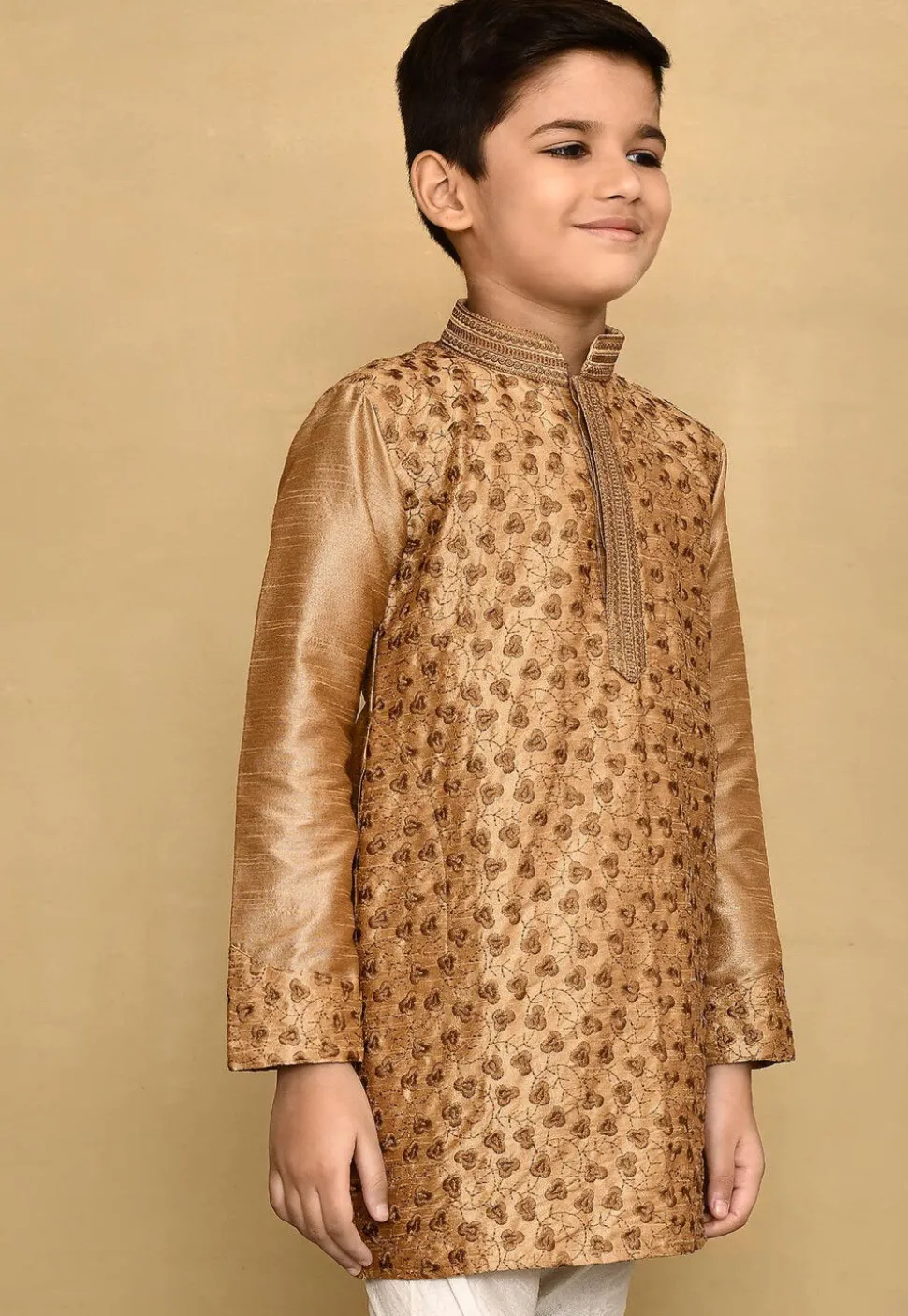 Embroidered Dupion Silk Kurta in Dark Beige