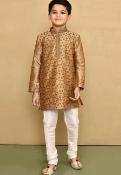 Embroidered Dupion Silk Kurta in Dark Beige