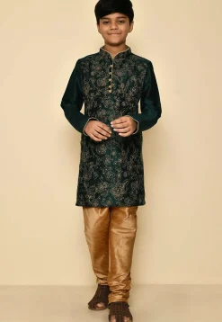 Embroidered Dupion Silk Kurta Set in Dark Green