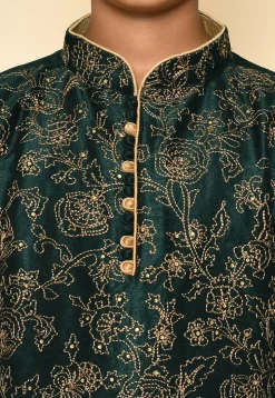 Embroidered Dupion Silk Kurta Set in Dark Green