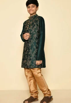 Embroidered Dupion Silk Kurta Set in Dark Green