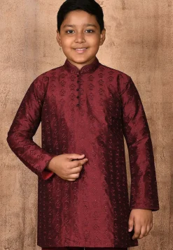 Embroidered Dupion Silk Kurta in Maroon