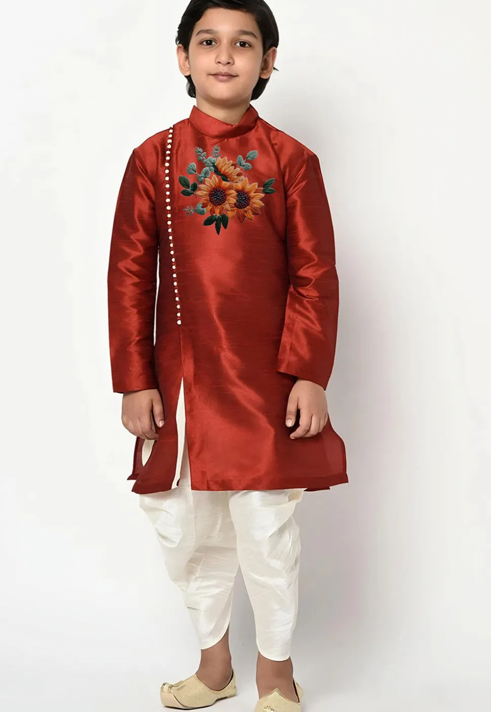 Embroidered Dupion Silk Kurta Set in Dark Orange